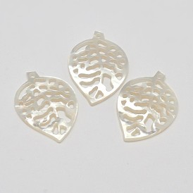 Natural Mother of Pearl Shell Pendants, Leaf, 24~25x17~18x1.5mm, Hole: 1mm