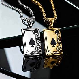 Vintage 304 Stainless Steel Pave Black Cubic Zirconia Ace of Spades Pendant Necklaces for Men