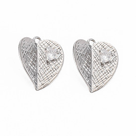 Brass Micro Pave Clear Cubic Zirconia Pendants, Nickel Free, Heart