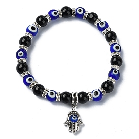 Bracelets de perles d'onyx noir naturel, strass avec apprêts en alliage pour femme