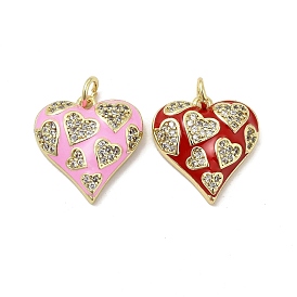 Real 18K Gold Plated Brass Micro Pave Clear Cubic Zirconia Pendants, with Jump Ring & Enamel, Heart Charm