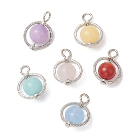 6Pcs Natural Gemstone Pendants, with Alloy Findings, Round Charms