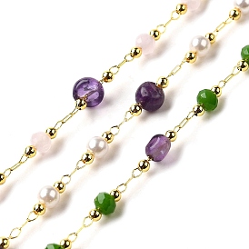 Цепочки из бусин с натуральными аметистовыми самородками ручной работы, пайки, с бусинами из стекла/АБС-пластика и фурнитурой из латуни с покрытием из стойки, долговечный, без свинца и без кадмия, с катушкой, реальный 18 k позолоченный