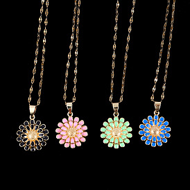 Hip-hop Sunflower Pendant Necklace with Smiling Beaded Collarbone Chain for Women