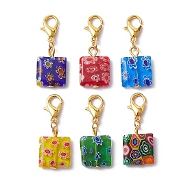 Glass Pendant Decorations, with Zinc Alloy Lobster Claw Clasps, Square