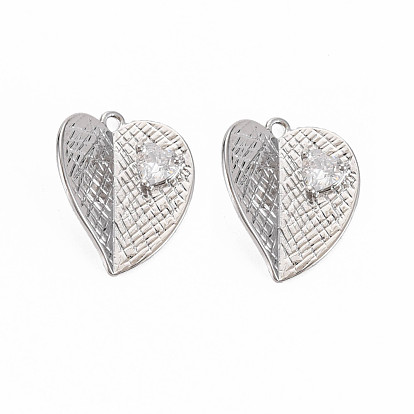 Brass Micro Pave Clear Cubic Zirconia Pendants, Nickel Free, Heart