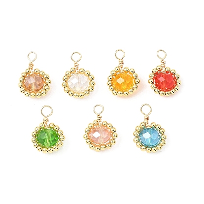 7 шт. Стеклянные подвески, круглые, с латунной бисера, граненые