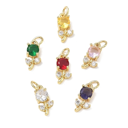 Brass Micro Pave Cubic Zirconia with Glass Charms, Flower Charms, Golden