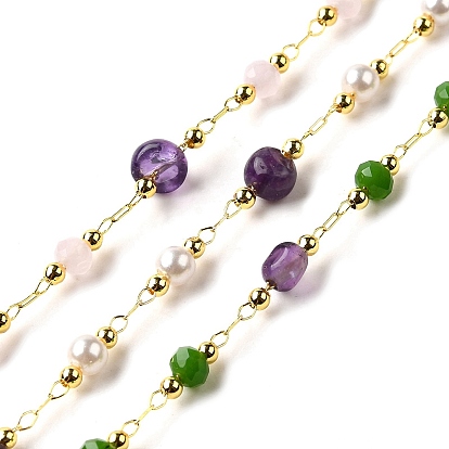 Цепочки из бусин с натуральными аметистовыми самородками ручной работы, пайки, с бусинами из стекла/АБС-пластика и фурнитурой из латуни с покрытием из стойки, долговечный, без свинца и без кадмия, с катушкой, реальный 18 k позолоченный