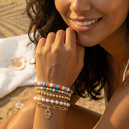 304 Браслеты из нержавеющей стали и полимерной глины хэйши ручной работы, стеклянного бисера и пластиковых бусин.