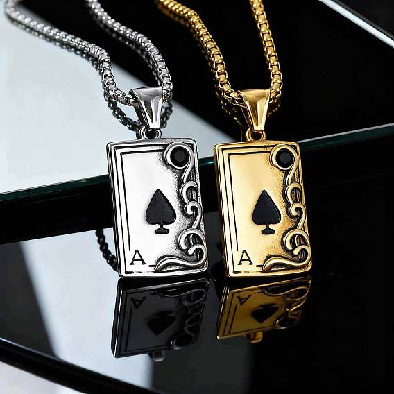 Vintage 304 Stainless Steel Pave Black Cubic Zirconia Ace of Spades Pendant Necklaces for Men