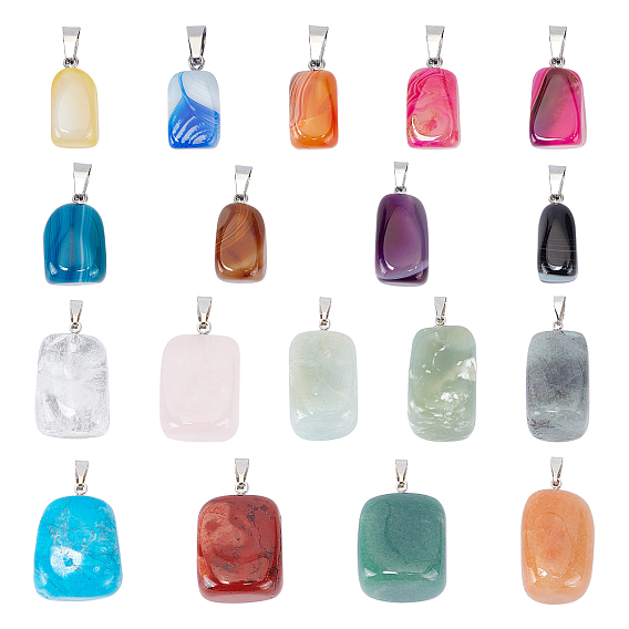 Natural Mixed Gemstone Pendants, Dyed, with Stainless Steel and Brass Findings, Cuboid & Nuggets