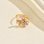 Brass Micro Pave Cubic Zirconia Cuff Open Rings for Women, Flower