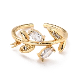 Leaf Cubic Zirconia Cuff Finger Ring for Women, Real 18K Gold Plated Brass Open Ring, Cadmium Free & Lead Free