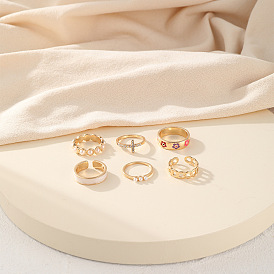 Chic Pearl Ring Set with Sparkling Cross and Diamond Accent - 6 Pieces