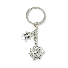 Tibetan Style Alloy Pendants Keychain, with Iron Split Key Rings, Spider Web