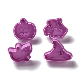 Halloween Themed PET Plastic Cookie Cutters, with Iron Press Handle, Pumpkin Jack-O'-Lantern, Witch Hat, Ghost & Haunted House Molds
