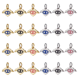 Nbeads 24Pcs 6 Colors Enamel Pendants, with Brass Findings and Jump Rings, Heart with Eye and Wing, Golden & Platinum