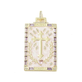 Real 18K Gold Plated Brass Micro Pave Cubic Zirconia Pendants, with Glass and Enamel, Rectangle with Cross