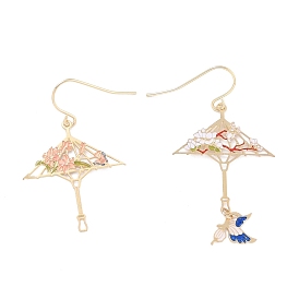 Vintage Umbrella and Butterfly Dangle Earrings for Girl Women Gift, Brass Enamel Asymmetrical Earrings