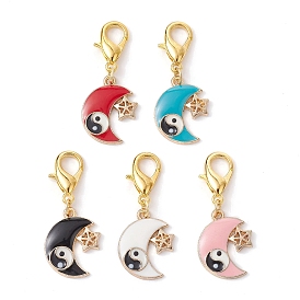 Moon with Star & Yin Yang Alloy Enamel Pendants Decoraiton, with Alloy Stainless Steel Lobster Claw Clasps