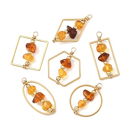 Nuggets Natural Amber 201 Stainless Steel Beaded Pendants, Geometric Charms with Brass Beads, Mixed Shapes