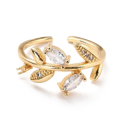Leaf Cubic Zirconia Cuff Finger Ring for Women, Real 18K Gold Plated Brass Open Ring, Cadmium Free & Lead Free