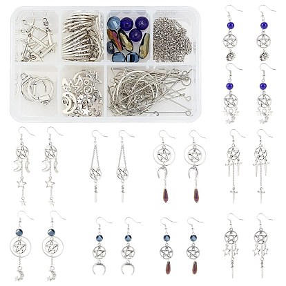 DIY Dangle Earring Making Kits, 68Pcs Star & Moon & Sun & Sword Alloy Pendants, 18Pcs Teardrop & Geometry Glass Beads, Brass Findings and Iron Chains