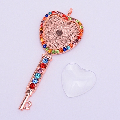 Alloy Rhinestone Pendant Cabochon Settings, with Glass Cabochons, Lead Free & Cadmium Free, Key with Heart