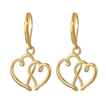 Alloy Dangle Earring, with Brass Leverback Earring Hook, Two Hollow Hearts