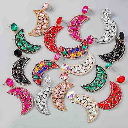 Sparkling Rhinestone Crescent Moon Dangle Stud Earrings, Alloy Long Drop Earrings for Women