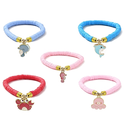 Polymer Clay Heishi Surfer Stretch Bracelet, Ocean Theme Alloy Enamel Charms Preppy Bracelet