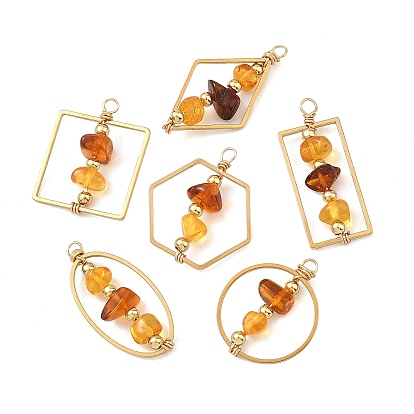 Nuggets Natural Amber 201 Stainless Steel Beaded Pendants, Geometric Charms with Brass Beads, Mixed Shapes