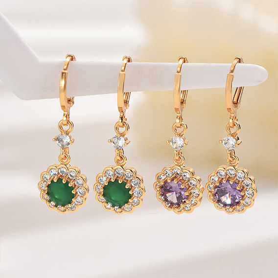 Винтажные латунные серьги-кольца с цветком из кубического циркония, золотые