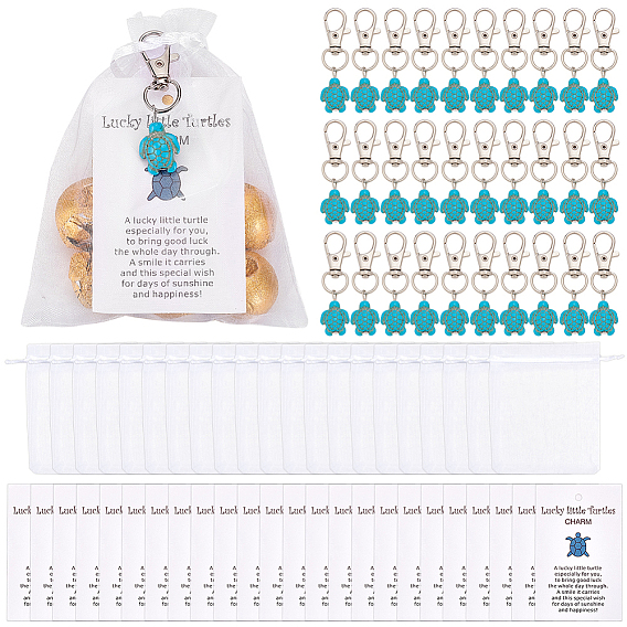 Подвесные украшения из сплава и синтетической бирюзы в виде черепахи, с бумажной карточкой и мешочком из полиэстеровой марли