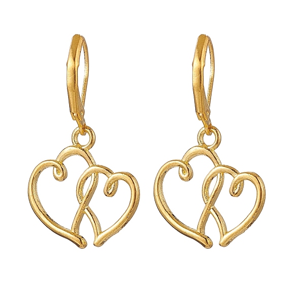 Alloy Dangle Earring, with Brass Leverback Earring Hook, Two Hollow Hearts