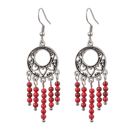 Серьги-люстры из синтетической бирюзы с бусинами, сплав кисточкой мотаться, платина