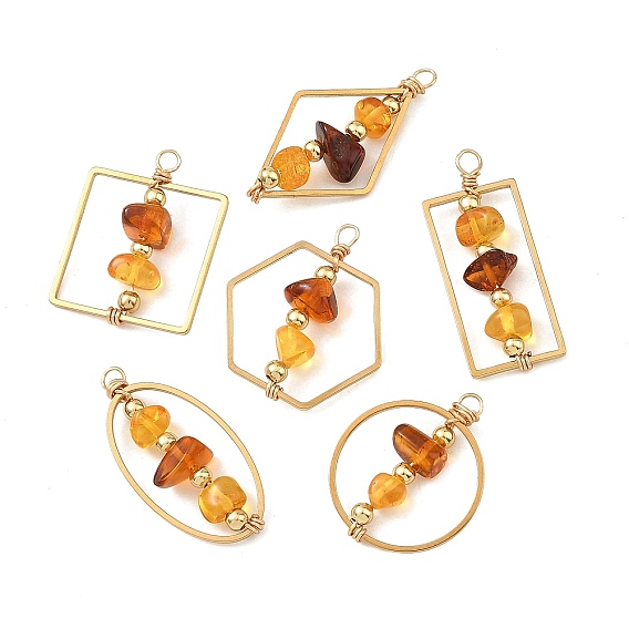 Nuggets Natural Amber 201 Stainless Steel Beaded Pendants, Geometric Charms with Brass Beads, Mixed Shapes