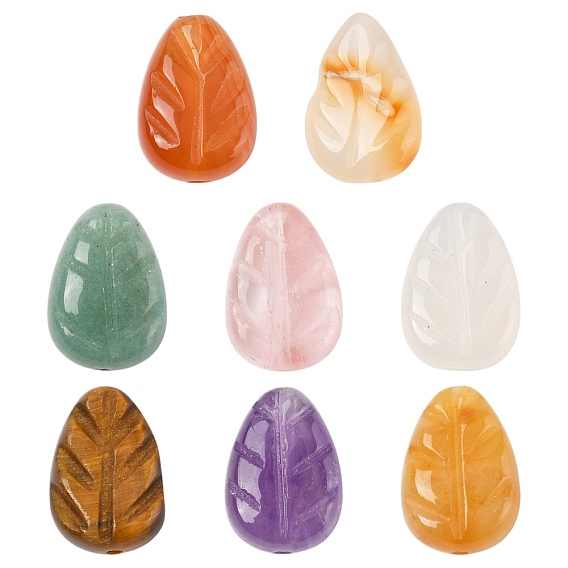 16шт. 8 стили натуральный агат, аметист, топаз, нефрит, зеленый авантюрин, красный агат, тигровый глаз и белый агат, резные бусины из вишневого кварцевого стекла, лист