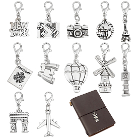 12pcs 12 styles décorations pendentif en alliage de voyage, avec fermoir pince de homard, formes mixtes