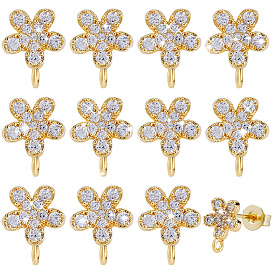 Фурнитура для серег-гвоздиков из латуни с паве из прозрачного кубического циркония, с петлей, 304 из нержавеющей стали гайки уха, без никеля , цветок