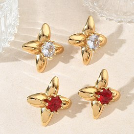 304 Pendientes de botón de acero inoxidable con circonitas cúbicas engastadas, flor, Recubrimiento al vacío PVD, dorado