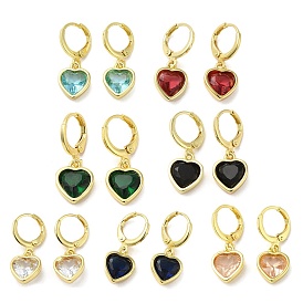 Real 18K Gold Plated Brass Dangle Leverback Earrings, with Heart Glass