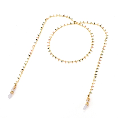 Brass Eyeglasses Chains, Neck Strap for Eyeglasses, with Faceted Round Natural Tourmaline Beads and Rubber Loop Ends, Golden