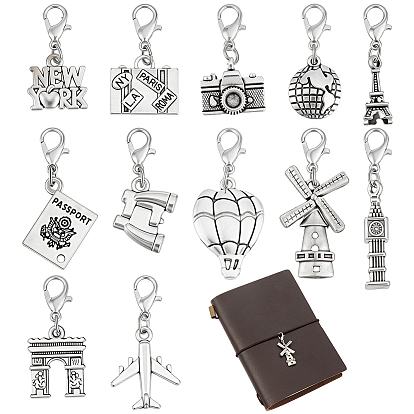 12pcs 12 styles décorations pendentif en alliage de voyage, avec fermoir pince de homard, formes mixtes