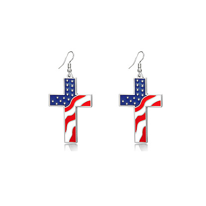 Серьги-подвески из сплава и эмали ко Дню независимости, крест с узором американского флага