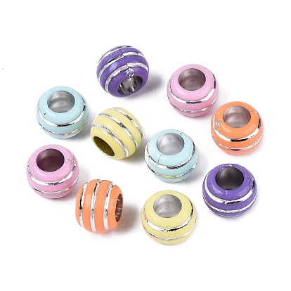 Opaque Acrylic European Large Hole Beads, Large Hole Beads, Ribbed Rondelle, Silver Metal Enlaced