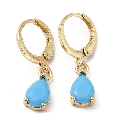 Real 18K Gold Plated Brass Teardrop Dangle Leverback Earrings, with Glass
