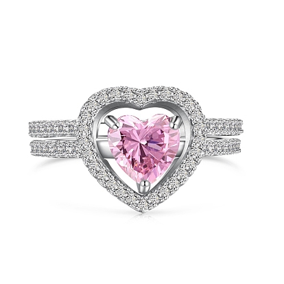 Rhodium Plated 925 Sterling Silver Double Rings Set, Heart Cubic Zirconia Ring for Women