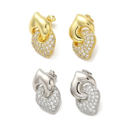 Interlocking Heart Rack Plating Brass Micro Pave Cubic Zirconia Stud Earrings for Women, Long-Lasting Plated, Lead Free & Cadmium Free